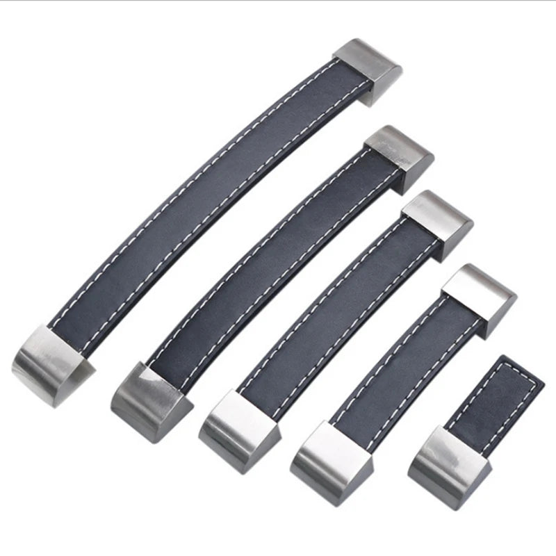Tirador de cuero para muebles y armarios – cosido a mano, base de zamak – negro, marrón o burdeos – 96 a 192 mm