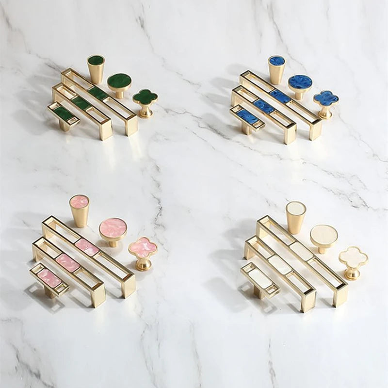Pomo y tirador dorado efecto mármol para muebles y cajones – rosa, verde, azul o blanco