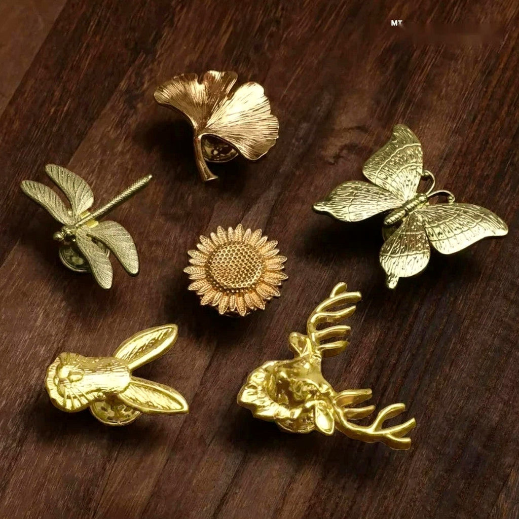 Pomo dorado decorativo con forma de animal o planta – para cajones y armarios – 25 diseños – zamak