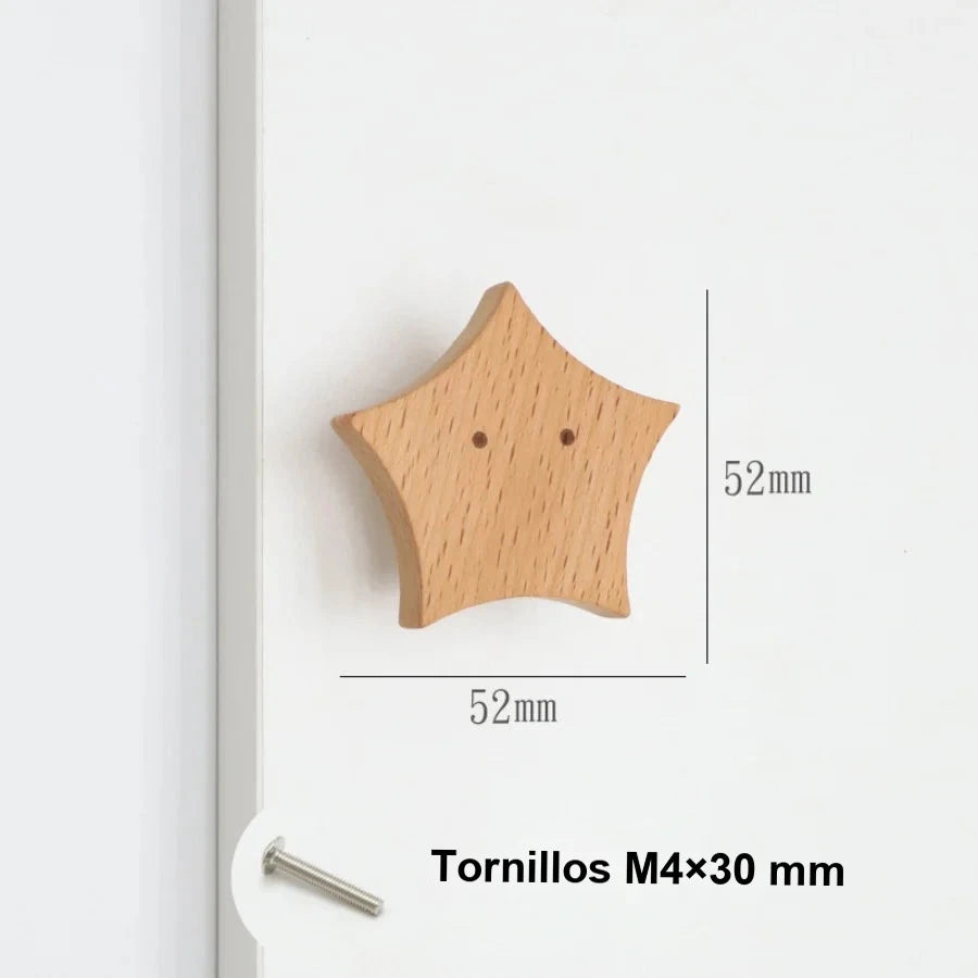 Pomo infantil de madera para cómoda y armario de bebé – animales, nubes, estrellas y lunas – haya