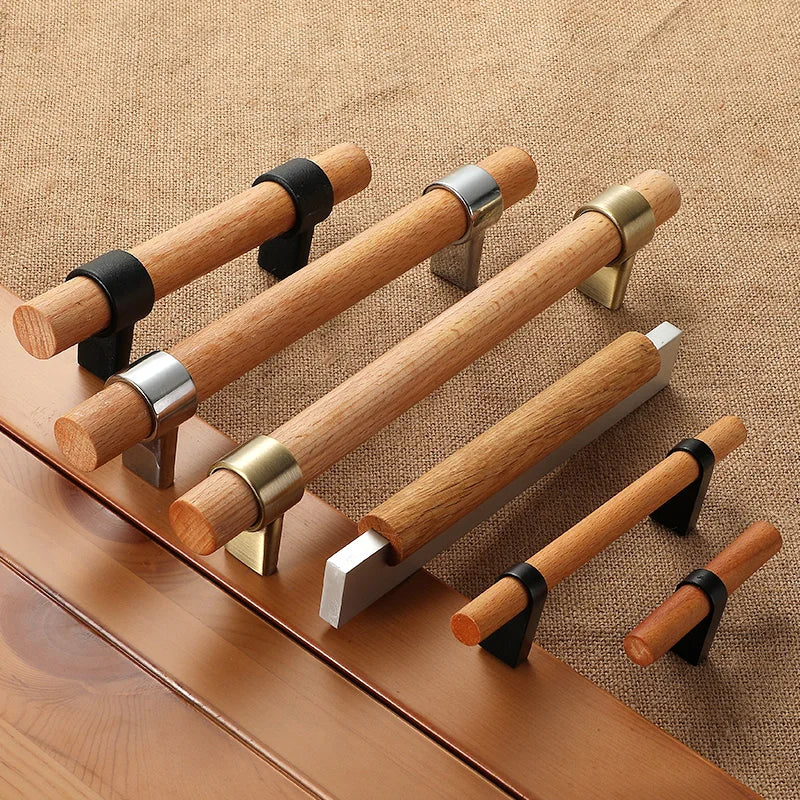 Tirador de madera y metal para muebles y cajones – base plateada o negra – pomo, 96, 128 o 160 mm