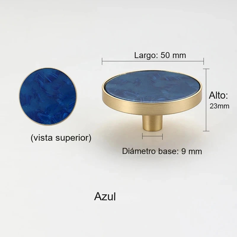 Pomo dorado redondo para muebles y armarios – incrustación efecto piedra y nácar – 10 acabados – 32 o 50 mm