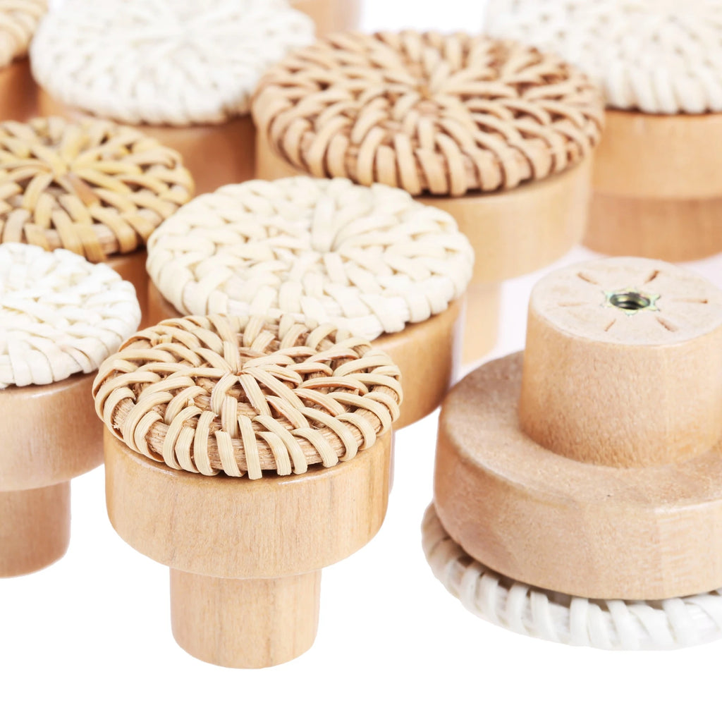 Pomo de madera y ratán para muebles y cajones – tejido a mano – pack de 2 – Ø 30 a 45 mm
