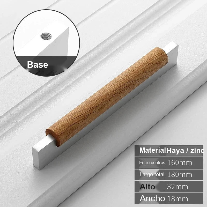 Tirador de madera y metal para muebles y cajones – base plateada o negra – pomo, 96, 128 o 160 mm