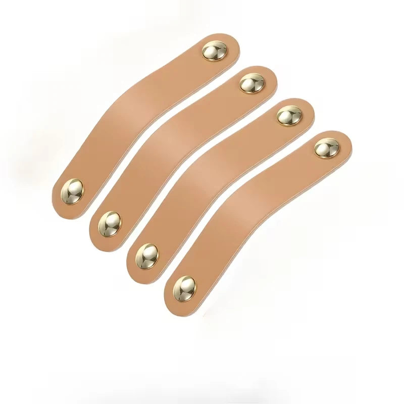 Pack 4 tiradores de cuero para muebles y armarios – tornillería dorada – 12 colores – 14 o 17 cm