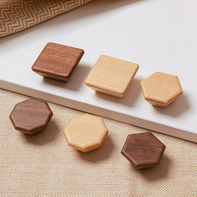 Pomo de madera maciza para muebles y cajones – hexagonal, redondo, cuadrado o seta – haya o nogal