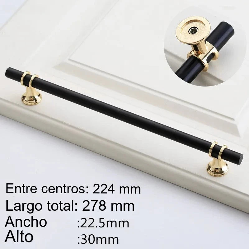 Tirador negro para cocina y armario con anillas doradas o cromadas – zamak – pomo a 320 mm