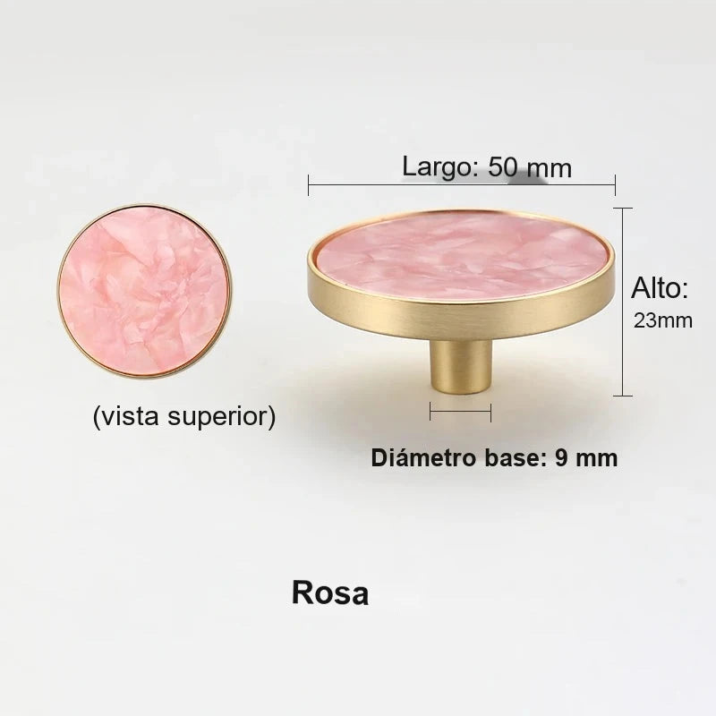Pomo dorado redondo para muebles y armarios – incrustación efecto piedra y nácar – 10 acabados – 32 o 50 mm