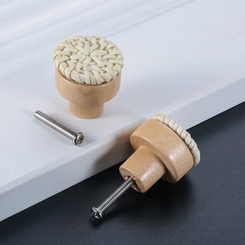 Pomo de madera y ratán para muebles y cajones – tejido a mano – pack de 2 – Ø 30 a 45 mm