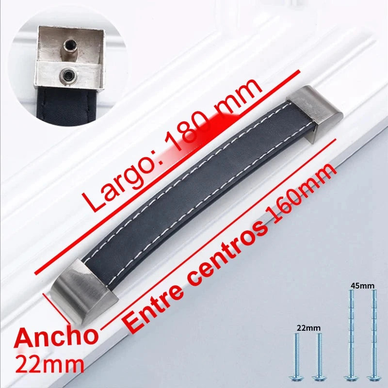Tirador de cuero para muebles y armarios – cosido a mano, base de zamak – negro, marrón o burdeos – 96 a 192 mm