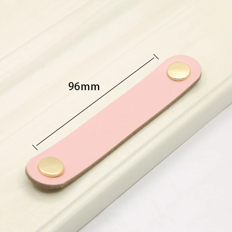 Pack 4 tiradores de cuero para muebles y armarios – tornillería dorada – 12 colores – 14 o 17 cm