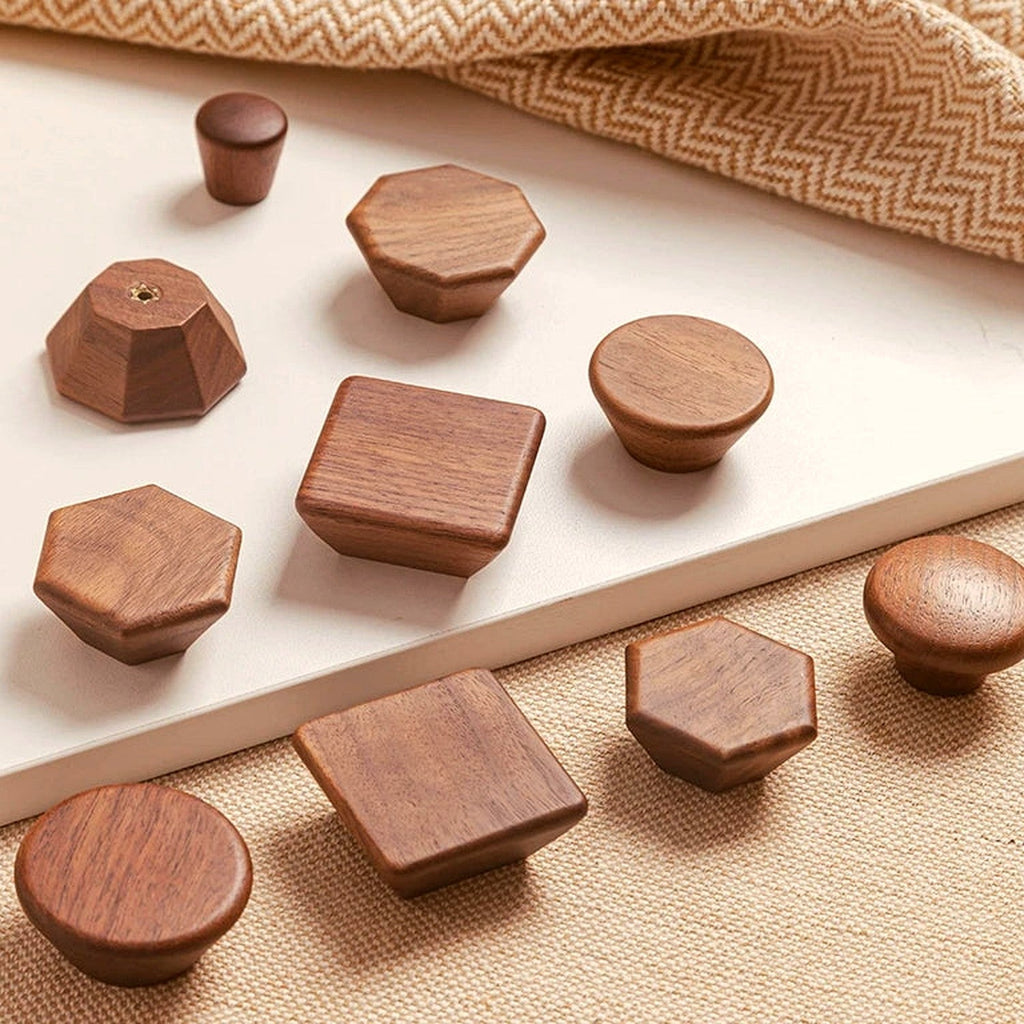 Pomo de madera maciza para muebles y cajones – hexagonal, redondo, cuadrado o seta – haya o nogal