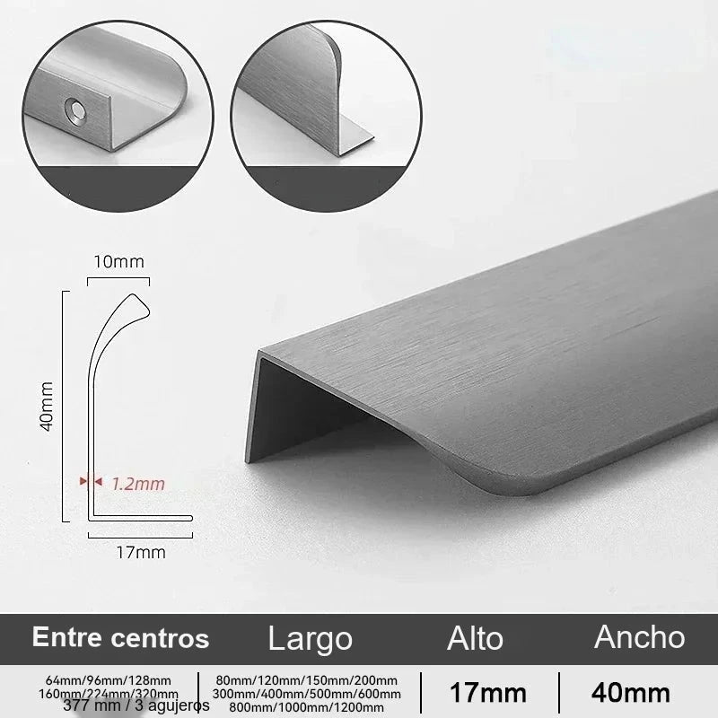 Tirador perfil oculto para cocina y armario – aluminio – 5 acabados – 80 a 500 mm de largo