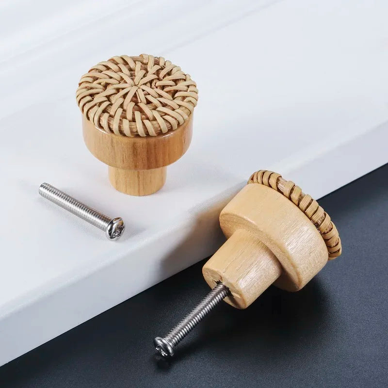 Pomo de madera y ratán para muebles y cajones – tejido a mano – pack de 2 – Ø 30 a 45 mm