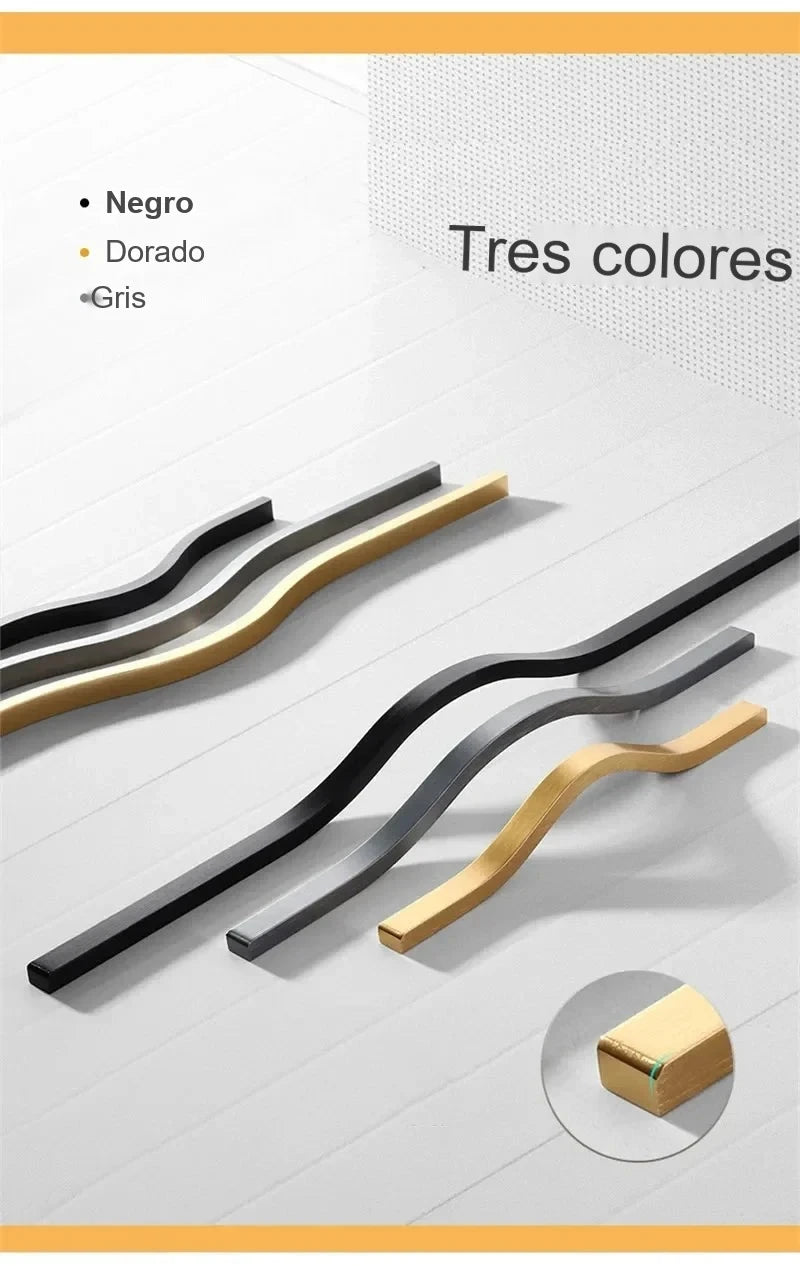 Tirador largo ondulado para armarios y cocina – negro, dorado o gris – aluminio – 160 a 384 mm