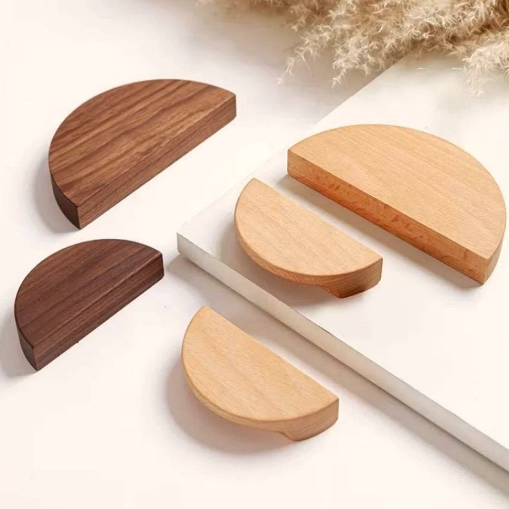 Tirador de madera maciza media luna para muebles y cajones – haya o nogal – 80 a 200 mm