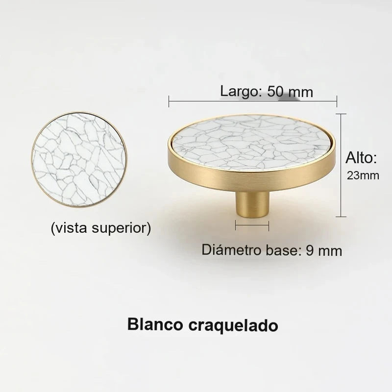 Pomo dorado redondo para muebles y armarios – incrustación efecto piedra y nácar – 10 acabados – 32 o 50 mm