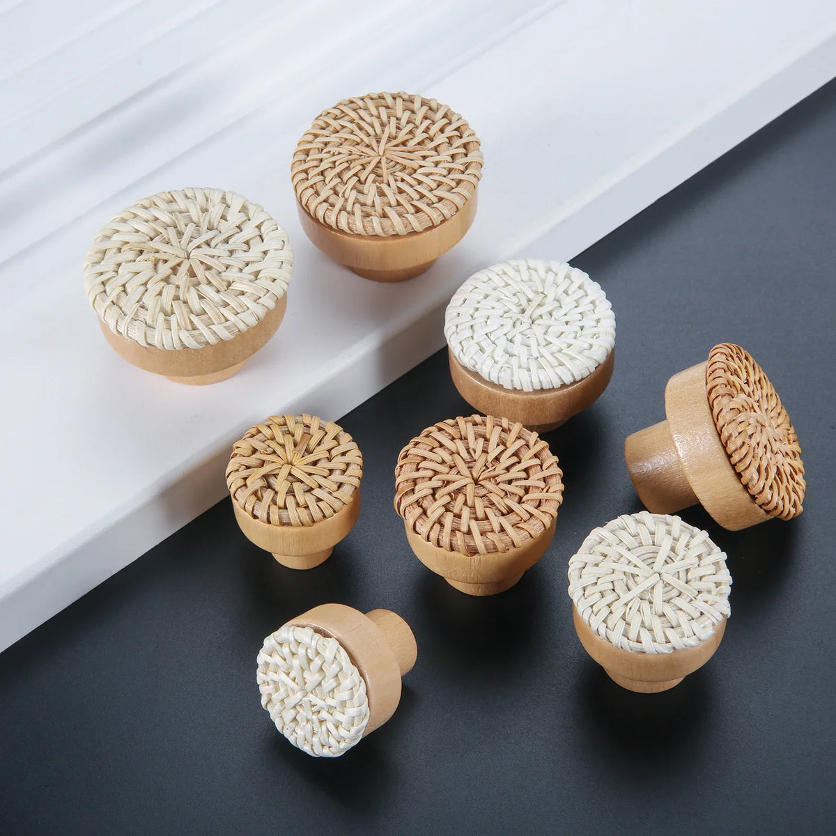 Pomo de madera y ratán para muebles y cajones – tejido a mano – pack de 2 – Ø 30 a 45 mm
