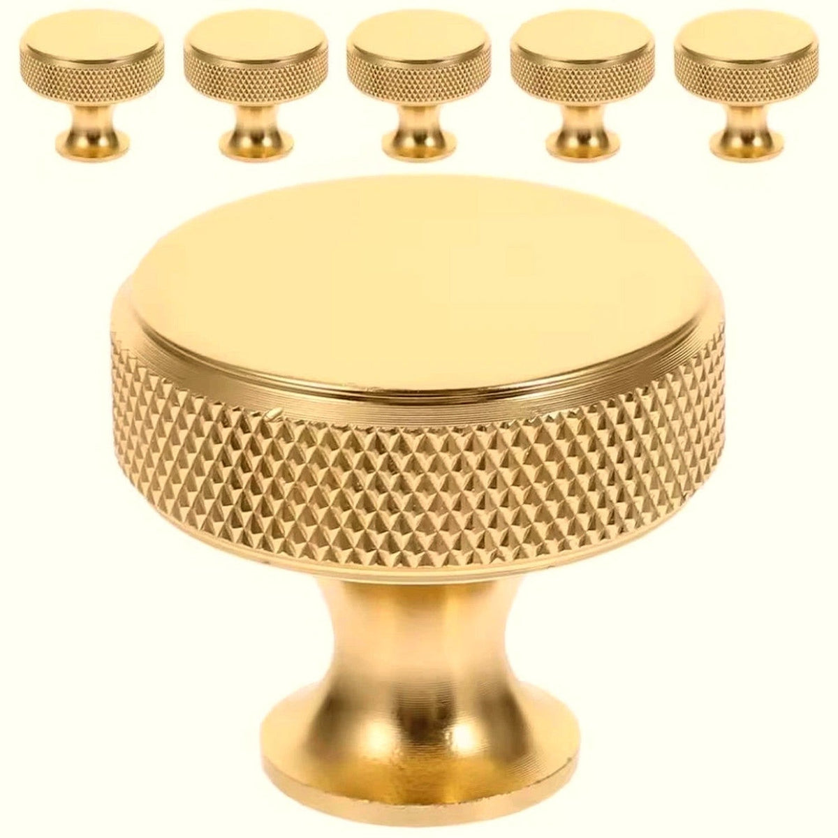 Pack 5 pomos dorados moleteados para cocina, cajones y armarios – Ø 30 mm