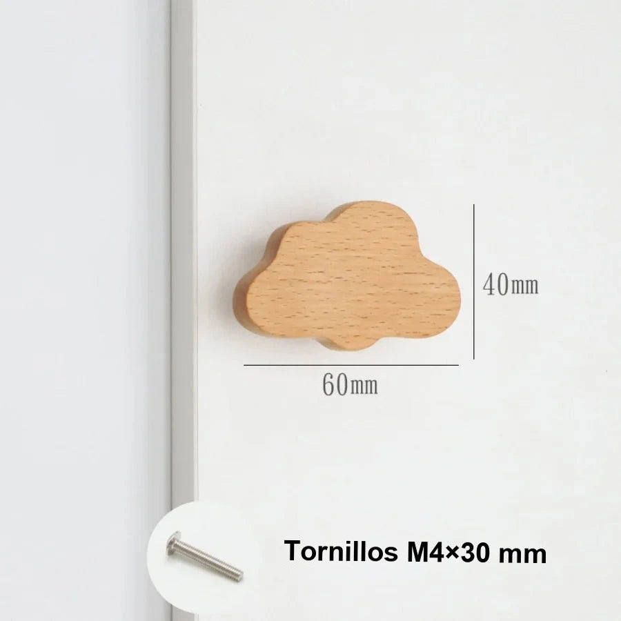 Pomo infantil de madera para cómoda y armario de bebé – animales, nubes, estrellas y lunas – haya