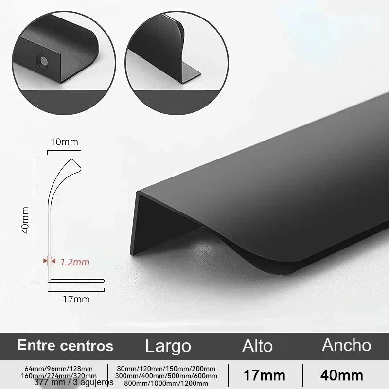 Tirador perfil oculto para cocina y armario – aluminio – 5 acabados – 80 a 500 mm de largo