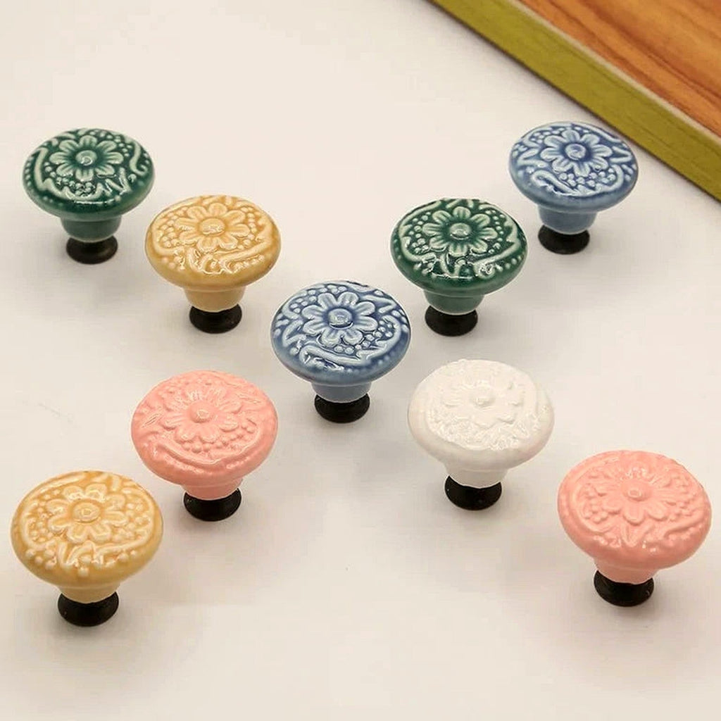 Pomo de cerámica vintage con relieve floral para muebles y cajones – estilo provenzal – 5 colores pastel