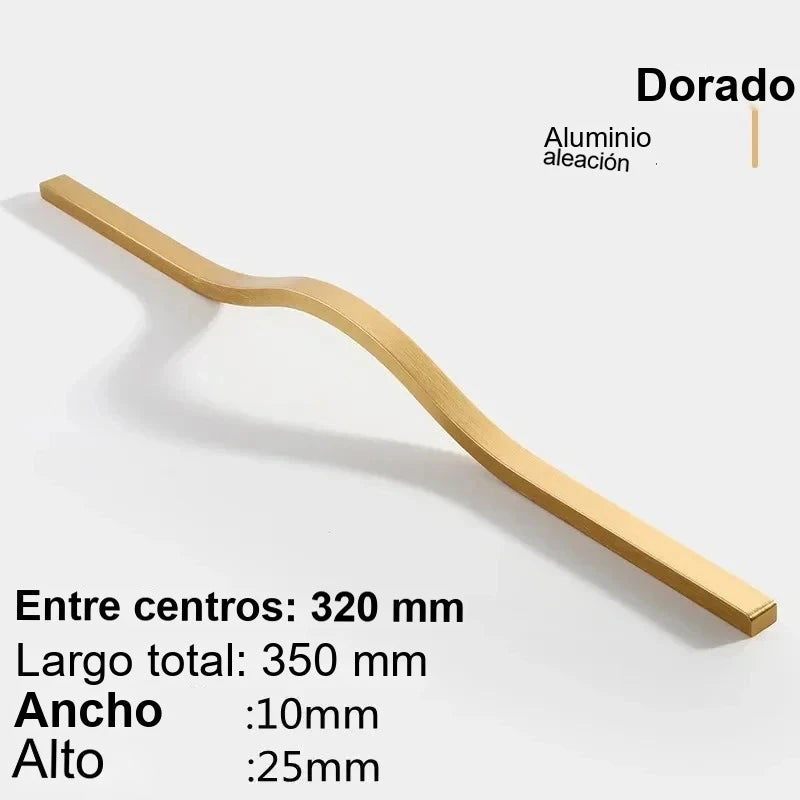 Tirador largo ondulado para armarios y cocina – negro, dorado o gris – aluminio – 160 a 384 mm