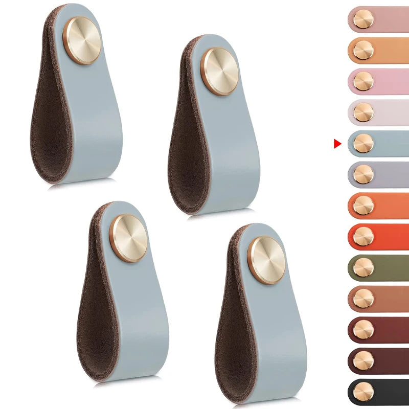 Pack 4 tiradores de cuero para muebles y armarios – tornillería dorada – 12 colores – 14 o 17 cm