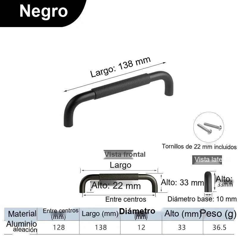 Tirador de cocina en U moleteado – negro, dorado o gris – aluminio – para armarios – pomo a 320 mm