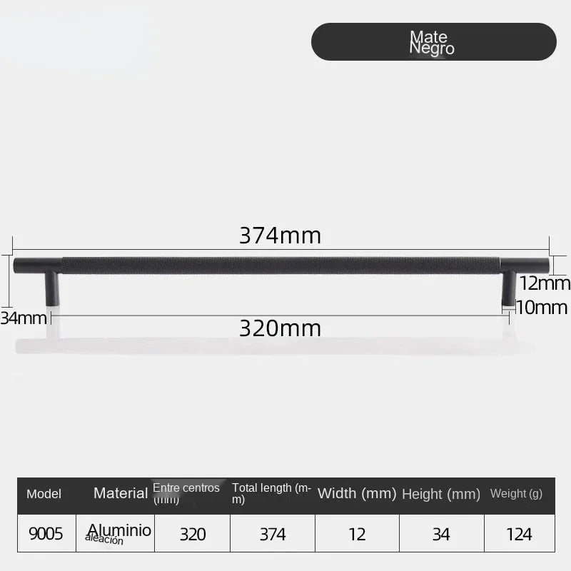 Tirador de cocina moleteado dorado, negro o cromo – aluminio – para armarios y cajones – pomo a 320 mm