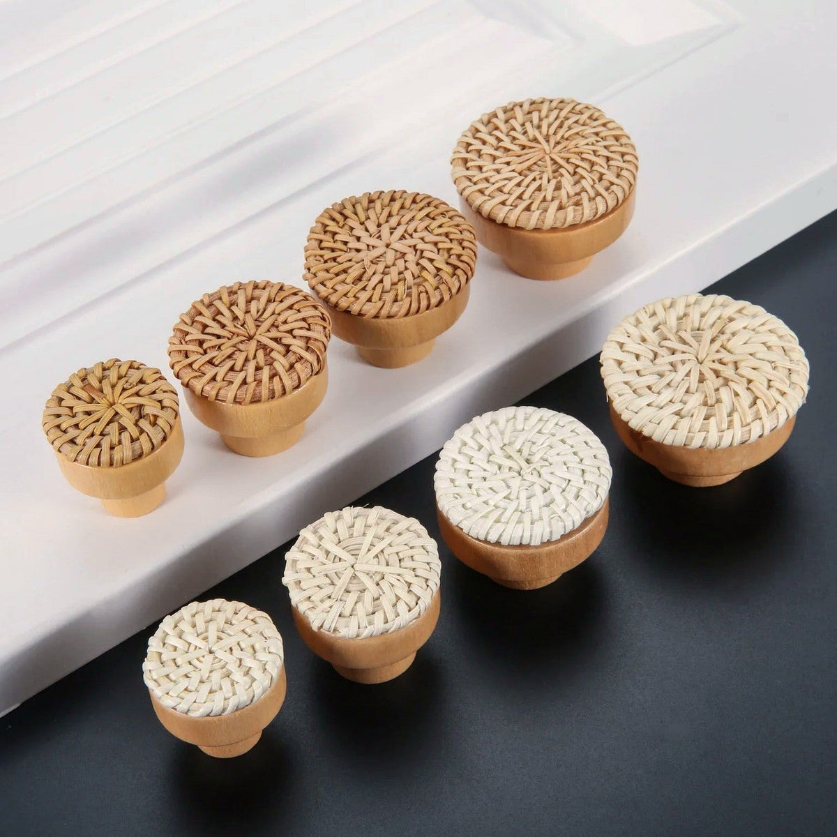 Pomo de madera y ratán para muebles y cajones – tejido a mano – pack de 2 – Ø 30 a 45 mm