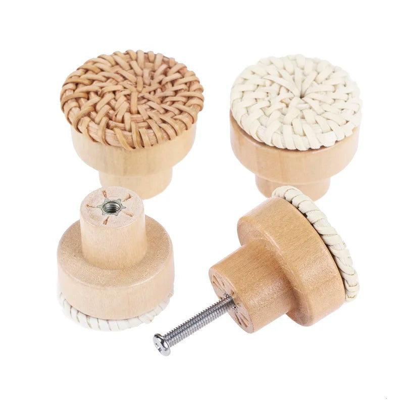 Pomo de madera y ratán para muebles y cajones – tejido a mano – pack de 2 – Ø 30 a 45 mm