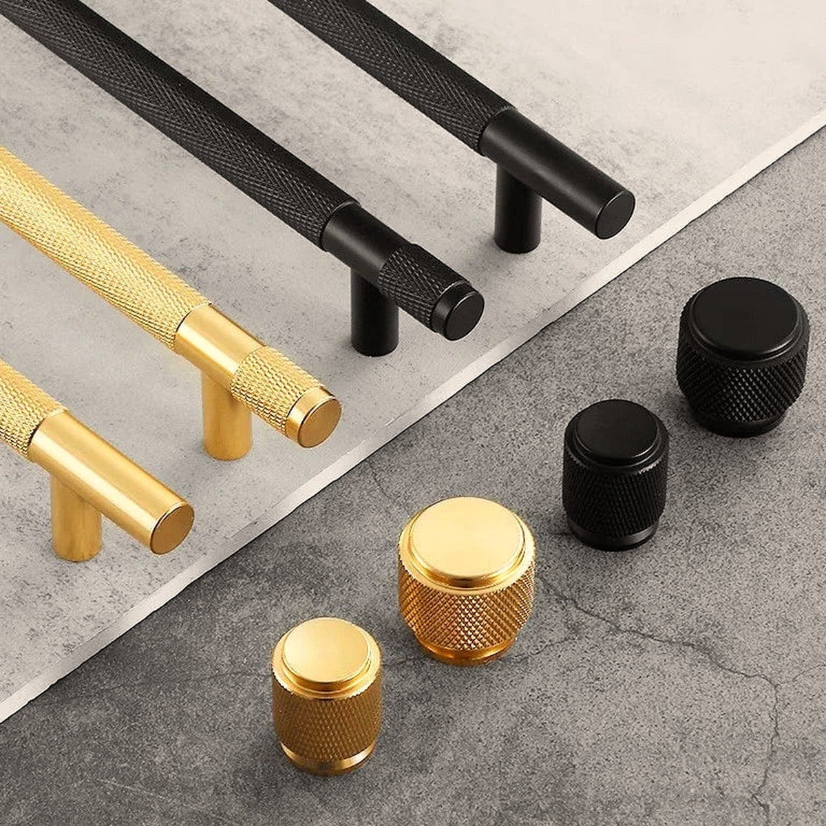 Tirador de cocina moleteado negro mate o dorado – aluminio – pomos y barras para muebles – 96 a 192 mm