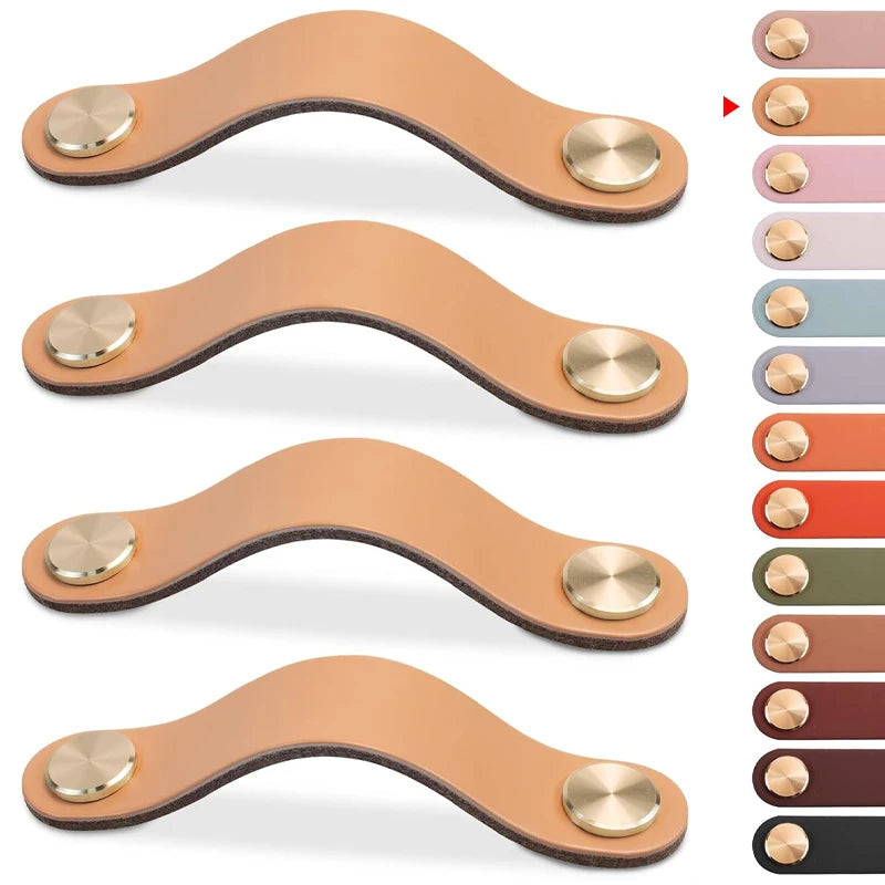Pack 4 tiradores de cuero para muebles y armarios – tornillería dorada – 12 colores – 14 o 17 cm