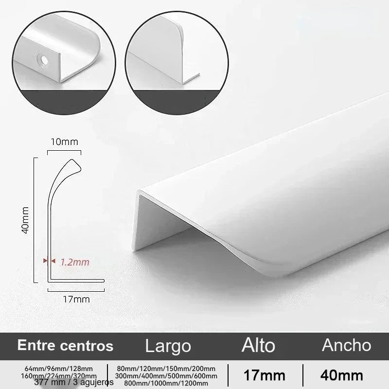 Tirador perfil oculto para cocina y armario – aluminio – 5 acabados – 80 a 500 mm de largo