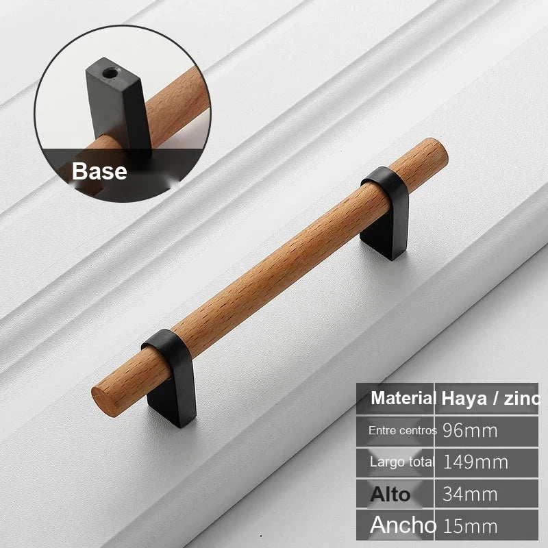 Tirador de madera y metal para muebles y cajones – base plateada o negra – pomo, 96, 128 o 160 mm