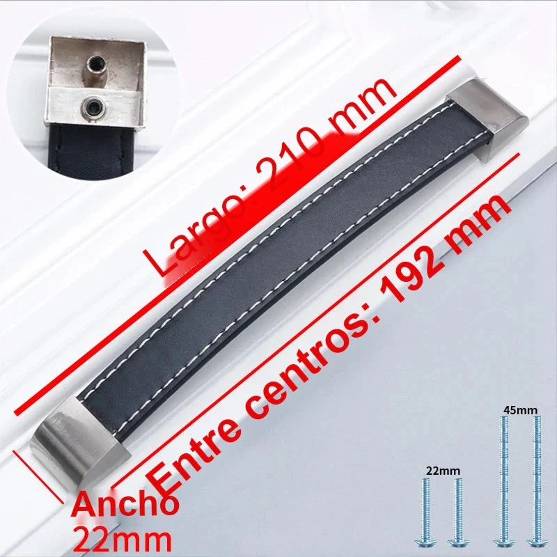 Tirador de cuero para muebles y armarios – cosido a mano, base de zamak – negro, marrón o burdeos – 96 a 192 mm