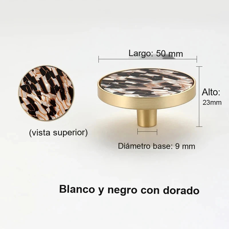 Pomo dorado redondo para muebles y armarios – incrustación efecto piedra y nácar – 10 acabados – 32 o 50 mm