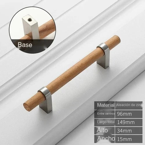 Tirador de madera y metal para muebles y cajones – base plateada o negra – pomo, 96, 128 o 160 mm