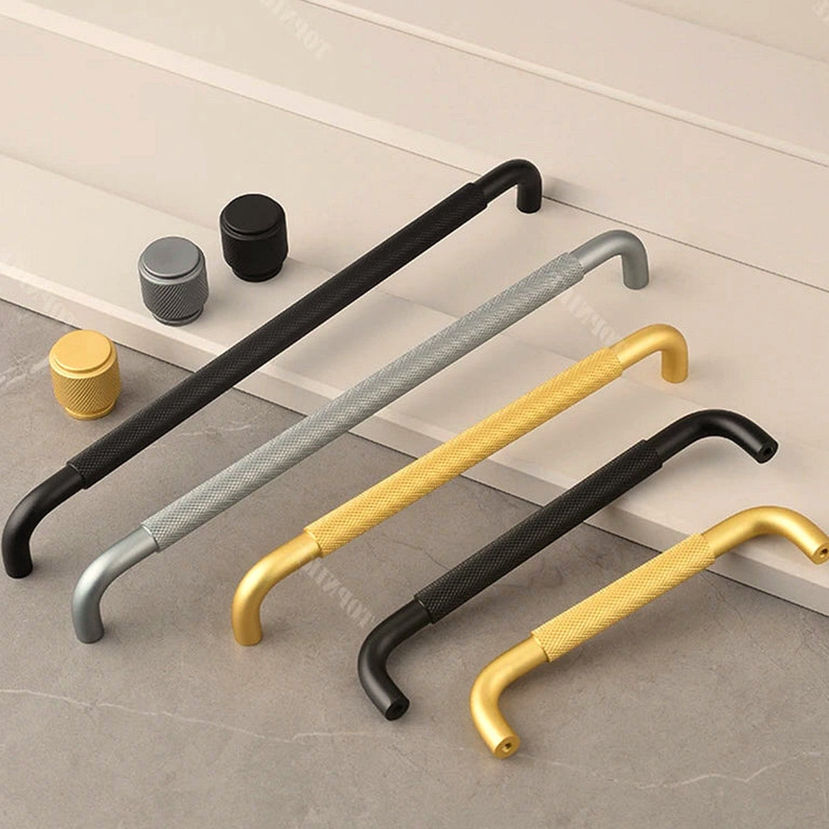 Tirador de cocina en U moleteado – negro, dorado o gris – aluminio – para armarios – pomo a 320 mm