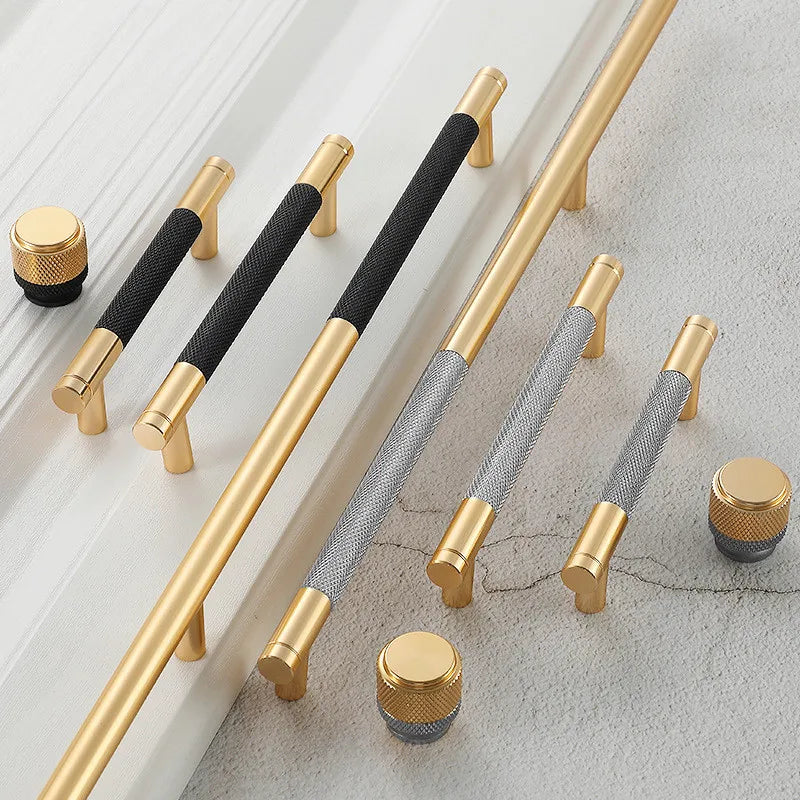 Tirador de cocina moleteado dorado y negro – aluminio – para muebles y armarios – pomo, 96, 128 o 256 mm