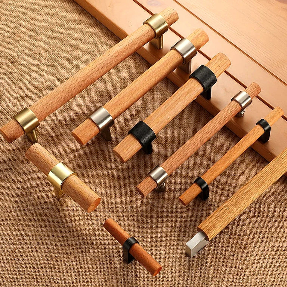 Tirador de madera y metal para muebles y cajones – base plateada o negra – pomo, 96, 128 o 160 mm