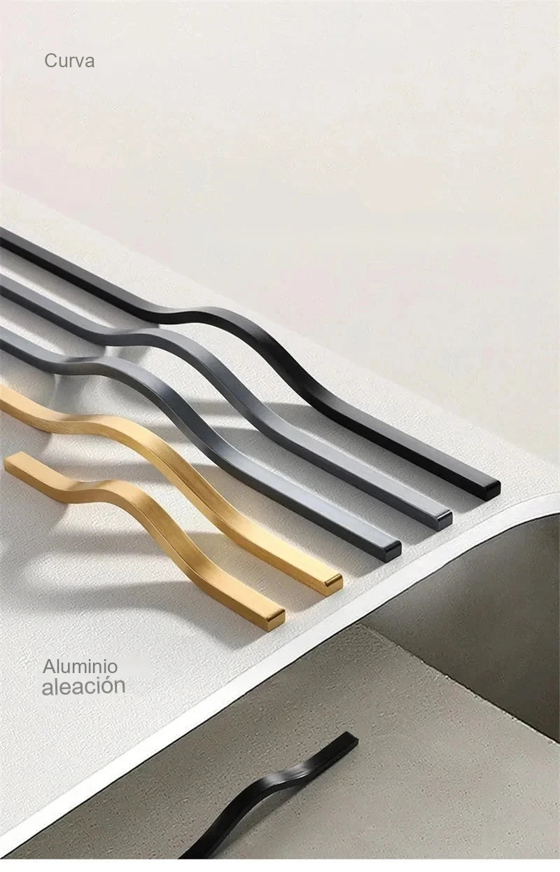 Tirador largo ondulado para armarios y cocina – negro, dorado o gris – aluminio – 160 a 384 mm