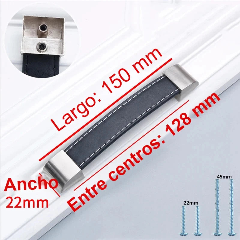 Tirador de cuero para muebles y armarios – cosido a mano, base de zamak – negro, marrón o burdeos – 96 a 192 mm