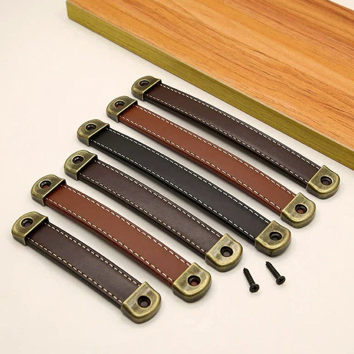 Tirador vintage de piel para muebles y cajones – terminales de bronce – 96, 128 o 160 mm