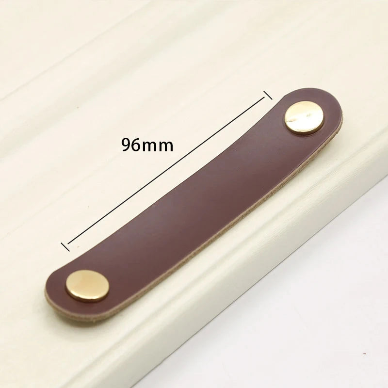 Pack 4 tiradores de cuero para muebles y armarios – tornillería dorada – 12 colores – 14 o 17 cm