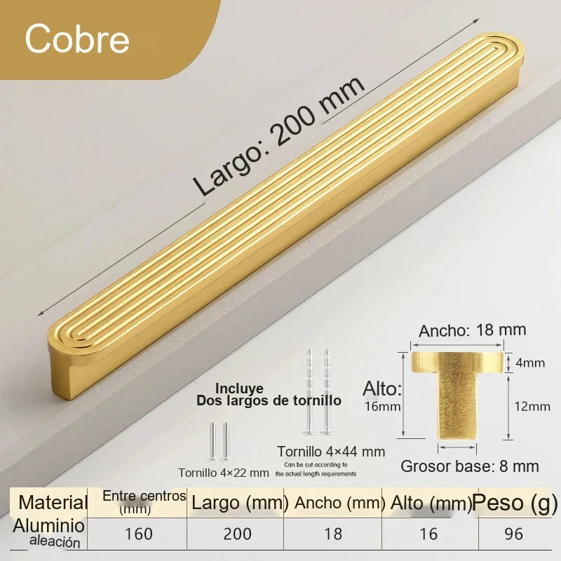 Tirador de diseño moderno para muebles y cajones – relieve de líneas – dorado o blanco y negro – pomo a 160 mm