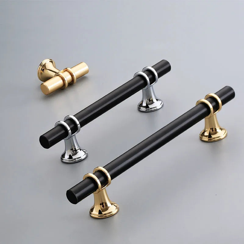 Tirador negro para cocina y armario con anillas doradas o cromadas – zamak – pomo a 320 mm
