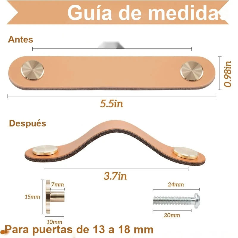 Pack 4 tiradores de cuero para muebles y armarios – tornillería dorada – 12 colores – 14 o 17 cm