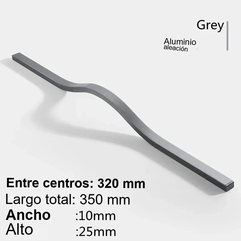 Tirador largo ondulado para armarios y cocina – negro, dorado o gris – aluminio – 160 a 384 mm